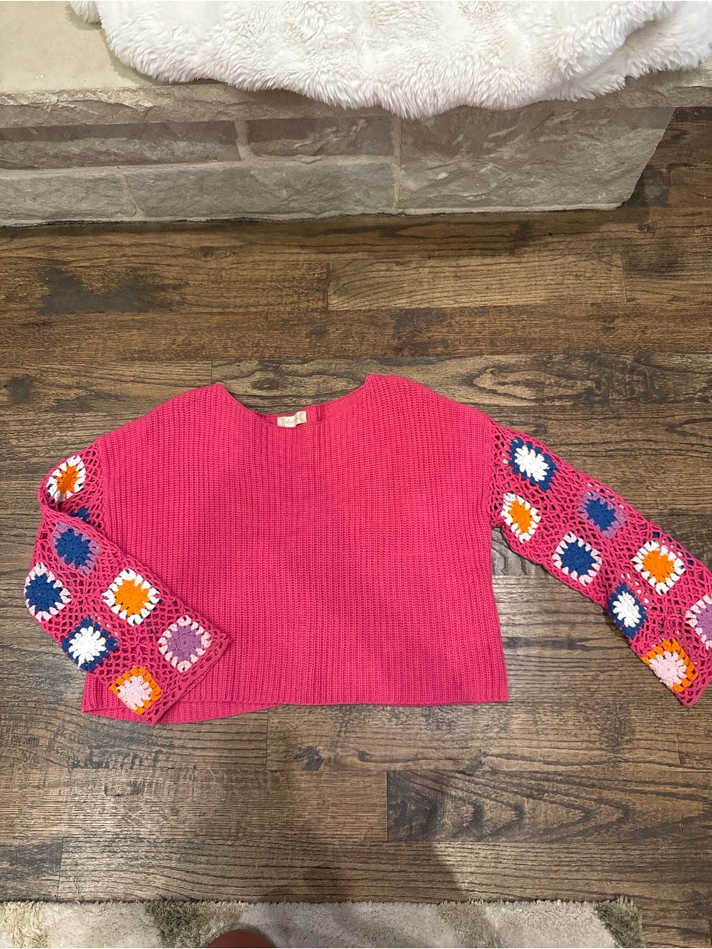 Altar'd State Hot Pink Sweater with Multicolor Crochet-Block Sleeves